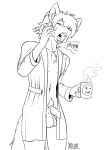 2026 alejandro_(xolotl_59) animal_genitalia ball_tuft balls beverage canid canine canis chest_tuft coffee coffee_mug digital_media_(artwork) fur genitals half-erect half_naked hi_res male mammal night_robe open_mouth penis pubes sheath simple_background solo standing tail tired tuft wolf xolotl_59 yawn