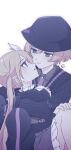  1boy 1girl 25-ji_len 25-ji_rin alternate_hair_length_(longer) black_dress black_hat black_pants black_shirt black_sweater blonde_hair blue_eyes blush bow collared_shirt commentary_request double-parted_bangs dress frilled_dress frills from_side g_hana hair_between_eyes hair_bow hat hug hug_from_behind kagamine_len kagamine_rin knees_up long_hair long_sleeves looking_at_another necktie official_alternate_costume official_alternate_hairstyle pants parted_bangs project_sekai purple_necktie sekai_ni_hibike!_your_song_(project_sekai) shirt short_hair sidelocks signature simple_background soshite_hari_wa_ugokidasu_(project_sekai) sweater twintails vocaloid white_background white_bow 