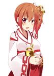  :d brown_hair copyright_request fang fujishiro_emyu hands_clasped japanese_clothes keyhole miko open_mouth own_hands_together red_eyes side_ponytail simple_background smile solo white_background 