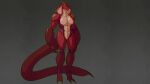 alien anthro arthrolisk breasts carapace claws digital_media_(artwork) elizabeth_verduth female green_eyes hi_res non-mammal_breasts nude nude_anthro nude_female red_body reptile scalie simple_background snake snake_hood solo spazman stinger stinger_tail tail toe_claws