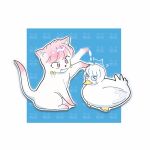  befoufou174773 bell bird blue_background cat commentary_request duck fang glasses highres hitting mousse_(duck)_(ranma_1/2) pink_eyes pink_fur ranma_1/2 shampoo_(cat) tears two-tone_fur white_fur 