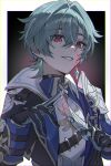  1boy armor belt belt_collar black_belt black_gloves blood blood_on_face blood_on_knife blood_on_weapon blue_gloves blue_shirt border choker coat collar collared_shirt commentary_request earrings genshin_impact glint gloves green_hair grin hair_between_eyes hair_intakes highres holding holding_knife jewelry knife lohen_(genshin_impact) long_sleeves looking_at_viewer male_focus mole mole_under_eye multicolored_eyes multicolored_gloves nimame_mo shirt short_hair shoulder_armor single_earring smile solo two-tone_gloves upper_body weapon white_border 