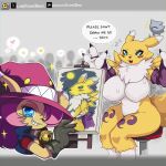 1:1 anthro appmon_(species) bandai_namco bell bell_collar big_breasts black_sclera blue_eyes blush bodily_fluids breasts brush canid canine canvas chest_tuft clothed clothing collar colored_nails crowd dclaret dclaretxrevolt dialogue digimon digimon_(species) duo easel effecmon emoji english_text featureless_breasts female fingernails fur furniture gesture gloves grin group hair hair_over_eye handwear hat headgear headwear hi_res holding_brush holding_object holding_paintbrush huge_breasts kuramon looking_aside looking_aside_at_viewer looking_at_viewer mammal nails naturally_censored nude paint paintbrush painting_(action) pink_hair portrait_(object) public renamon shirt sitting smile sparkles speech_bubble star_pupils stool sweat teeth text topwear tuft url vest waving waving_hand wide_hips witch_hat yellow_body yellow_fur