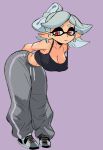 2026 aquatic big_breasts bottomwear breasts cephalopod cleavage clothed clothed_female clothed_humanoid clothing collarbone crop_top cross_pupils digital_drawing_(artwork) digital_media_(artwork) drawstring_bottomwear dumbwitchyy ear_piercing ear_ring eyebrows eyelashes female female_humanoid footwear full-length_portrait fully_clothed fully_clothed_female fully_clothed_humanoid grey_bottomwear grey_clothing grey_eyebrows grey_pants grey_sweatpants grey_tentacles hand_behind_back hanging_breasts hi_res humanoid humanoid_pointy_ears inkling marie_(splatoon) markings midriff mole_(marking) mollusk mouth_closed navel nintendo nipple_outline pants piercing pointy_ears portrait pseudo_grey_hair pseudo_hair purple_background ring_piercing shirt shoelaces shoes simple_background sleeveless_shirt small_waist solo splatoon sweatpants tan_body tan_skin tentacle_hair tentacles thick_thighs topwear white_sclera
