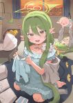  2girls :d absurdres afterimage baby barefoot black_tail blue_archive blue_dress blush collarbone commentary_request demon_girl demon_tail dress ear_wiggle fang green_hair green_halo hair_between_eyes halo heart highres hikari_(blue_archive) hikari_(kujibikido)_(blue_archive) hogo_(otora50) holding holding_unworn_clothes if_they_mated indoors long_hair looking_at_viewer low_ponytail multiple_girls nozomi_(blue_archive) nozomi_(kujibikido)_(blue_archive) official_alternate_costume open_mouth pacifier pointy_ears ponytail siblings sisters smile tail toes twins very_long_hair wavecat_(blue_archive) yellow_eyes 