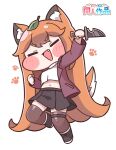  1girl animal_ear_fluff animal_ears black_skirt chibi commentary_request fang fox_ears fox_tail highres holding holding_knife jacket knife leaf leaf_on_head navel orange_hair red_jacket rufo_(trickcal) shirt simple_background skirt solo suwa_yasai tail thighhighs trickcal white_shirt 