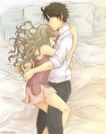  1boy 1girl bed brown_hair couple fire_emblem fire_emblem:_kakusei frederik_(fire_emblem) hug nintendo pillow sleeping sumia sumia_(fire_emblem) takatsudon 