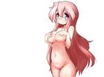  blush breasts covering covering_breasts glasses large_breasts looking_at_viewer lucky_star mizushima_(p201112) nude pink_hair purple_eyes simple_background smile solo takara_miyuki white_background 