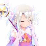  ^_^ blurry closed_eyes depth_of_field elbow_gloves fate/kaleid_liner_prisma_illya fate_(series) finger_to_cheek flying_sweatdrops gloves hair_ornament haribote_(tarao) holding holding_wand illyasviel_von_einzbern long_hair magical_girl magical_ruby md5_mismatch prisma_illya smile solo wand wavy_mouth 