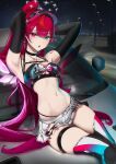  1girl absurdres armpits arms_behind_head arms_up ass_visible_through_thighs asymmetrical_wings black_choker black_gloves black_horns blue_eyes breasts car choker cleavage commentary crystal_wings double_halo earrings elbow_gloves gloves groin halo heterochromia high_ponytail highleg highleg_panties highres hololive hololive_english horns irys_(hololive) irys_(race_queenrys)_(hololive) jewelry long_hair looking_at_viewer medium_breasts midorimae miniskirt motor_vehicle multicolored_hair navel necklace night official_alternate_costume on_car open_mouth outdoors panties panty_straps pink_eyes pleated_skirt pointy_ears ponytail print_bandeau purple_hair red_streaks single_earring sitting skirt solo star-shaped_pupils star_(symbol) star_halo stomach streaked_hair symbol-shaped_pupils thigh_strap underwear untranslatable_commentary very_long_hair virtual_youtuber visor_cap white_skirt wings 