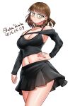 1girl absurdres black_camisole black_choker black_skirt black_tank_top breasts brown_eyes brown_hair camisole choker cleavage commentary cowboy_shot dated detached_sleeves eyewear_strap glasses hand_on_own_hip highres kantai_collection katou_shinobu large_breasts looking_at_viewer midriff miniskirt navel official_alternate_costume one-hour_drawing_challenge pleated_skirt roma_(ginza)_(kancolle) roma_(kancolle) short_hair simple_background skirt solo tank_top twitter_username wavy_hair white_background 