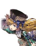  1boy another_eden another_eden_art_team blonde_hair blue_bow blue_eyes blush bow bowtie braid ciel_(another_eden) dress frilled_dress frills green_dress hair_between_eyes hand_up hat hat_bow leaning_forward long_hair long_sleeves lowres male_focus official_art open_mouth puffy_long_sleeves puffy_sleeves side_braid simple_background solo striped_bow tachi-e third-party_source transparent_background trap upper_body white_bow white_bowtie 