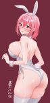  1girl absurdres animal_ear_hairband animal_ears ass bare_shoulders blush breasts commentary_request cowboy_shot fake_animal_ears fake_tail hairband highres large_breasts leotard looking_at_viewer looking_back open_mouth original pink_eyes pink_hair rabbit_ear_hairband rabbit_ears rabbit_tail red_background short_hair simple_background solo strapless strapless_leotard sumikawa_haru tail thighhighs translation_request white_hairband white_leotard white_thighhighs white_wrist_cuffs wrist_cuffs 