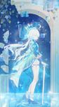  1girl absurdres ascot asymmetrical_gloves black_ascot blue_ascot blue_gem blue_hat blue_jacket blue_pupils blue_streaks commentary_request cowlick drop-shaped_pupils eyelash_ornament furina_(genshin_impact) gem genshin_impact gloves hat heterochromia highres hydro_symbol_(genshin_impact) jacket mismatched_gloves mismatched_pupils multicolored_hair ouji_fashion solo splendor_of_tranquil_waters_(genshin_impact) streaked_hair symbol-shaped_pupils top_hat weapon xiaoxiaoanye 