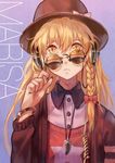  alternate_costume black_nails blonde_hair bracelet braid character_name contemporary expressionless hat headphones highres jewelry kirisame_marisa long_hair looking_at_viewer looking_over_eyewear nail_polish necklace norizc polo_shirt solo sunglasses sweater tinted_eyewear touhou yellow-tinted_eyewear yellow_eyes 