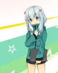  1girl blue_eyes breasts ero_manga_sensei grey_hair izumi_sagiri jacket long_hair ribbon small_breasts solo star 