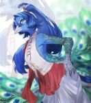 accessory anthro avian beak bird blue_body blue_eyes blue_feathers blue_hair clothed clothed_anthro clothing crossdressing feathers femboy fully_clothed fully_clothed_anthro galliform hair hair_accessory hi_res kawarage_yatano long_hair long_tail looking_at_viewer male peacock_feather peafowl phasianid scuted_hands scutes sleeveless_clothing solo tail tail_feathers