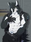 abs absurd_res against_surface against_wall anthro archermagnum backpack belt black_body black_bottomwear black_clothing black_fur black_gloves black_hair black_handwear black_nose black_pants black_tail blue_eyes bottomwear canid canine canis clothing facial_scar fingerless_gloves fur garage_door gloves glowing_device hair hand_on_chest handwear harness heterochromia hi_res inside jewelry leaning_on_wall looking_at_viewer male mammal multicolored_body multicolored_fur muscular necklace pants pecs sakehabera scar shirtless solo spiky_hair standing tail thunderrangers two_tone_body two_tone_fur wall_(structure) white_body white_fur white_muzzle wolf yellow_eyes
