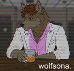 1980s_theme 80s_clothing alcohol anthro bar beverage brown_hair canid canine canis claws clothing container cup dark_room drinking_glass fur furniture glass glass_container glass_cup hair hi_res liquor male mammal multicolored_body multicolored_fur pink_clothing pink_shirt pink_topwear scanlines shirt shot_glass solo table topwear two_tone_body two_tone_fur vhs_filter whiskey white_suit_jacket wolf yellow_eyes