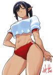  1girl arm_behind_back black_hair buruma commentary_request cropped_shirt dark-skinned_female dark_elf dark_skin elf from_below gym_uniform highres hori_shin looking_at_viewer navel original pointy_ears ponytail red_buruma shirt sidelocks signature simple_background solo toned toned_female white_background white_shirt yellow_eyes 