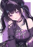  1girl absurdres black_hair blush border breasts choker clothing_cutout commentary earclip earrings hat highres jewelry large_breasts looking_at_viewer mole mole_on_breast multicolored_hair nijisanji o-ring o-ring_choker open_mouth outside_border purple_background purple_eyes purple_hair quad_tails rqw_teq1 senri_ayumu shoulder_cutout single_off_shoulder smile solo streaked_hair untranslatable_commentary virtual_youtuber white_border 