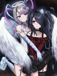  2girls above-cleavage_cutout alternate_costume ame-chan_(needy_girl_overdose) angel_wings artist_name bandaid bandaid_on_leg belt_collar black_hair black_skirt blood blue_bow blue_eyes blue_hair boots bow chouzetsusaikawa_tenshi-chan clothing_cutout collar commentary commentary_request cross cross_necklace dress dual_persona elbow_gloves eyeshadow feathered_wings garter_straps gloves gradient_hair grey_hair hair_bow hair_ornament halo hand_on_another's_head highres hug iridescent_clothes jewelry leg_up light_smile long_hair long_sleeves makeup multicolored_hair multiple_girls neck_ribbon necklace needy_girl_overdose off-shoulder_shirt off_shoulder parted_lips pien_cat_(needy_girl_overdose) pink_bow pink_eyeshadow pink_hair platform_boots purple_eyes quad_tails red_shirt ribbon scar scar_on_arm scar_on_thigh self-harm_scar shirt short_dress short_hair single_garter_strap single_thighhigh skirt standing standing_on_one_leg thighhighs traditional_halo two_side_up vickie_(cryingrobot) white_wings wings x_hair_ornament 