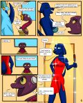 4:5 absurd_res ada_(gem_hunters) anthro baristagamerproductions blind canid canine clothing cochlear_implant_processor comic deaf dialogue disability dress english_text female hi_res letter mammal overalls queenie_(gem_hunters) reptile scalie shaded shirt snake text topwear undressing undressing_self walking_stick window