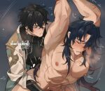  01gaaa 2boys abs armpits black_hair blade_(honkai:_star_rail) blue_hair clothed_male_nude_male commentary curtained_hair dan_heng_(honkai:_star_rail) dan_heng_(hunt)_(honkai:_star_rail) drooling earrings gradient_hair green_hair hair_between_eyes hair_over_one_eye hands_up heavy_breathing honkai:_star_rail honkai_(series) jacket jewelry long_hair looking_at_another lower_teeth_only male_focus multicolored_hair multiple_boys multiple_scars nipples nude open_clothes open_jacket pectorals restrained scar sex sex_from_behind shirt short_hair sweat teeth toned toned_male twitching untranslatable_commentary very_long_hair yaoi zipper 