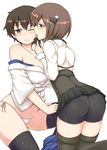  ass bare_shoulders bike_shorts black_legwear blush breasts brown_eyes brown_hair cover cover_page headband japanese_clothes kaga_(kantai_collection) kantai_collection large_breasts licking lockheart multiple_girls off_shoulder one_eye_closed open_mouth panties panties_under_bike_shorts pantylines short_hair side-tie_panties simple_background skirt skirt_around_one_leg taihou_(kantai_collection) thighhighs tongue tongue_out underwear white_background white_panties yuri 