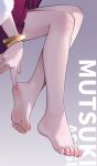  1girl absurdres bare_legs barefoot blue_archive calves character_name chinese_commentary commentary_request dress feet fingernails foot_focus gold_bangle highres leg_focus legs mutsuki_(blue_archive) mutsuki_(dress)_(blue_archive) official_alternate_costume painterliuhao pink_nails red_dress soles solo thighs toenails toes wavy_ends white_fur 