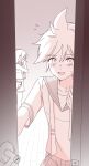  1boy 1girl absurdres antenna_hair belt blush bow bowtie collarbone commentary_request cowboy_shot cropped_shirt double-parted_bangs flustered flying_sweatdrops g_hana greyscale hair_between_eyes highres implied_kiss kagamine_len kagamine_rin korean_commentary looking_at_viewer medium_hair monochrome necktie open_mouth opening_door parted_bangs ruining_the_glorious_moment sailor_collar shirt short_hair short_shorts short_sleeves shorts sidelocks sleeveless sleeveless_shirt solo_focus sweat undone_necktie vocaloid 