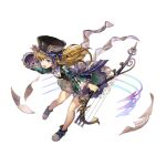  1boy another_eden another_eden_art_team arrow_(symbol) blonde_hair blue_bow blue_eyes blush boots bow bowtie braid ciel_(another_eden) dress frilled_dress frills full_body green_dress hair_between_eyes hand_up harp hat hat_bow highres holding_harp instrument leaning_forward long_hair long_sleeves male_focus official_art open_mouth outstretched_arm paper puffy_long_sleeves puffy_sleeves side_braid simple_background solo standing striped_bow tachi-e third-party_source transparent_background trap white_bow white_bowtie wide_sleeves 