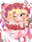  1girl :p alternate_costume apron blonde_hair blush closed_mouth commentary_request crystal crystal_wings flandre_scarlet frilled_skirt frills hair_between_eyes hair_ornament hat highres internet_survivor looking_at_viewer medium_hair mob_cap multicolored_wings musical_note navel one_eye_closed one_side_up polka_dot polka_dot_skirt red_eyes red_skirt red_wrist_cuffs skirt smile soesoe300 solo stomach tongue tongue_out touhou waist_apron white_apron white_hat wings wrist_cuffs x_hair_ornament 