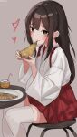  1girl akagi_(kancolle) brown_eyes commentary_request dress drink eating feet_out_of_frame food grey_background hakama hakama_short_skirt hakama_skirt highres japanese_clothes kantai_collection kimono long_hair miron_(mirona33) pizza pleated_dress red_hakama red_skirt simple_background sitting skirt solo stool thighhighs white_kimono white_thighhighs 