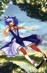  blue_dress blue_eyes blue_hair blue_sky bow bukimi_isan cirno cloud day dress frills hair_bow hair_ornament highres ice ice_wings looking_at_viewer mary_janes nature open_mouth outstretched_arms puffy_sleeves shoes short_hair short_sleeves sky smile socks solo touhou white_legwear wings 