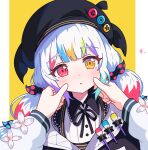  2girls black_hat blush closed_mouth commentary_request hair_ornament hand_on_another's_cheek hand_on_another's_face hat heart heterochromia highres jogasaki_noah looking_at_another looking_at_viewer low_twintails mahou_shoujo_no_majo_saiban maomao_(kayoowo) multiple_girls paintbrush pov pov_hands sakuraba_ema simple_background twintails upper_body white_hair 