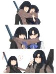 2girls age_progression araya_(project_moon) black_eyes black_hair black_jumpsuit blue_bow blue_streaks blush bob_cut bow brown_coat brown_scarf butterfly_print_kimono closed_eyes coat collared_shirt commentary enpera floral_print floral_print_kimono flying_sweatdrops gigbag grin guitar_case heads_together heiya_desu highres holding holding_phone instrument_case instrument_case_on_back jacket japanese_clothes jumpsuit kimono limbus_company long_hair long_sleeves mother_and_child mother_and_daughter multicolored_hair multiple_girls musical_note ootachi open_mouth parent_and_child parted_bangs phone plaid_clothes plaid_scarf print_kimono project_moon red_eyes ryoshu_(project_moon) scarf school_uniform shared_clothes shared_scarf shirt short_hair simple_background smile spoken_musical_note streaked_hair sweat sweatdrop sword sword_on_back teeth track_jacket turtleneck untranslatable_commentary upper_teeth_only vest weapon weapon_on_back white_background white_shirt wide_sleeves 