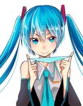  aqua_eyes aqua_hair detached_sleeves hatsune_miku holding holding_panties long_hair necktie noboes panties smile solo striped striped_panties twintails underwear vocaloid white_background 