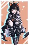  1girl absurdres ahoge animal_ear_headphones animal_ears arm_belt asymmetrical_legwear asymmetrical_sleeves bandaid bandaid_on_leg bare_shoulders bat_wings black_choker black_hair black_shoes black_sweater border cat_ear_headphones cat_ears choker commentary crying crying_with_eyes_open eyeball_hair_ornament fake_animal_ears headphones highres leg_belt long_sleeves looking_at_viewer loose_socks mahou_shoujo_no_majo_saiban multicolored_hair off-shoulder_sweater off_shoulder open_mouth orange_eyes sawatari_coco sharp_teeth shirt shoes short_hair single_bare_shoulder single_thighhigh sitting skirt slit_pupils socks solo streaked_hair streaming_tears striped_clothes striped_thighhighs stuffed_animal stuffed_cat stuffed_toy sugararu sweater tears teeth thighhighs white_border white_shirt white_skirt wide_sleeves wings 
