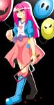  akasode_(tyaramu) balloon blood blood_on_face blue_eyes boots empty_eyes highres humanization insane long_hair looking_down my_little_pony my_little_pony_friendship_is_magic open_mouth pink_hair pinkie_pie saw 