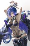  1girl absurdres armpits arms_up bare_shoulders black_cloak boots breasts cloak commentary_request crescent crescent_earrings earrings hair_over_one_eye highres jewelry large_breasts long_hair looking_at_viewer mole mole_on_armpit navel promeia_(zenless_zone_zero) purple_eyes purple_hair qinyi_chinyi shorts signature simple_background solo thigh_boots two-tone_shorts very_long_hair white_background zenless_zone_zero 