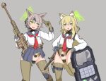  2girls :o ainagi alternate_costume alternate_halo anal animal_ear_fluff animal_ears anti-materiel_rifle bar_censor barrett_m82 blonde_hair blue_archive blue_sailor_collar blue_skirt blush breast_pocket censored commentary_request crotchless fox_ears fox_girl glock gloves green_eyes green_gloves green_halo grey_background grey_hair gun h&amp;k_ump hair_between_eyes halo handgun hands_on_own_hips holding holding_gun holding_weapon holster holstered kaiser_pmc_(blue_archive) knee_pads kurumi_(blue_archive) leotard long_hair long_sleeves looking_at_viewer magazine_(weapon) mind_control miniskirt multiple_girls neckerchief object_insertion open_mouth otogi_(blue_archive) pleated_skirt pocket pubic_tattoo pussy red_neckerchief rifle sailor_collar salute school_uniform serafuku shield shirt short_hair simple_background skirt smile sniper_rifle standing submachine_gun tattoo thigh_holster thigh_strap thighhighs vaginal vaginal_object_insertion weapon white_shirt 