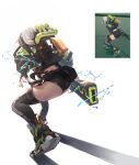  1girl absurdres anby_demara ass bike_shorts bike_shorts_under_skirt black_gloves black_shorts black_skirt black_thighhighs commentary fingerless_gloves from_behind game_screenshot_inset gloves green_jacket grey_hair headphones highres jacket screenshot_inset shoes shorts skirt solo thighhighs white_background yu_pian zenless_zone_zero 