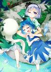  bloomers blue_dress blue_eyes blue_hair bow cirno closed_eyes dress dress_shirt flower from_above hair_bow hair_ribbon hairband hand_under_clothes hand_under_shirt hitodama ice ice_wings konpaku_youmu konpaku_youmu_(ghost) lying multiple_girls navel on_back one_eye_closed open_mouth puffy_short_sleeves puffy_sleeves ribbon scabbard sheath shirt short_hair short_sleeves silver_hair sleeping soaking_feet sweat t.o.d touhou unbuttoned underwear vest_removed water wings 