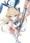  1girl animal_ears blonde_hair blue_archive blue_bow blue_bowtie blue_eyes blue_hairband blue_halo blue_leotard blush bow bowtie braid breasts closed_mouth commentary detached_collar expressionless fake_animal_ears hairband half_up_braid halo highres isokaze12 leotard long_hair looking_at_viewer microphone official_alternate_costume official_alternate_hairstyle pole pole_dancing solo stripper_pole thighhighs toki_(blue_archive) toki_(bunny)_(blue_archive) v very_long_hair white_thighhighs wrist_cuffs 