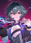  1boy ahoge armor belt belt_collar black_belt black_gloves blood blood_on_face blue_gloves blue_shirt choker coat collar collared_shirt commentary earrings film_grain genshin_impact gloves green_hair grin hair_between_eyes hair_intakes highres holding holding_knife holding_weapon jewelry knife lohen_(genshin_impact) long_sleeves looking_at_viewer male_focus mole mole_under_eye multicolored_eyes multicolored_gloves red_background shirt short_hair shoulder_armor single_earring smile solo sucui_qiuqiu two-tone_gloves upper_body weapon 