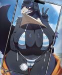 absurd_res anthro big_breasts black_body black_fur blush bone breasts bulging_breasts bunnemilk camel_toe clothed clothing fangs female fluffy fluffy_tail front_view fur gesture hand_gesture hi_res huge_breasts huge_thighs legs_together malo navel raised_clothing raised_shirt raised_topwear scp-1471-a scp_foundation shirt shirt_in_mouth skull skull_head solo standing tail taking_picture teeth thick_thighs thigh_gap topwear v_sign wide_hips