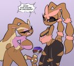 2026 anthro arm_under_breasts big_breasts black_bottomwear black_clothing black_crop_top black_pants black_sclera black_shirt black_thong black_topwear black_underwear bottomwear bow_tie breasts brown_body brown_fur buneary cleavage_cutout clothed clothed_anthro clothed_female clothing crop_top cropped_sweater crossed_arms cutout daughter_(lore) dialogue duo_focus empty_eyes english_text eyelashes eyeshadow female fur generation_4_pokemon generation_6_pokemon glistening_eyelids group hands_on_hips hi_res lagomorph larger_female latex latex_bottomwear latex_clothing latex_pants long_eyelashes lopunny makeup mammal mega_evolution mega_lopunny midriff mother_(lore) mother_and_child_(lore) mother_and_daughter_(lore) nelljoestar nintendo pants pantsless pantsless_anthro pantsless_female parent_(lore) parent_and_child_(lore) parent_and_daughter_(lore) pink_clothing pink_cropped_sweater pink_eyes pink_eyeshadow pink_shirt pink_topwear pokemon pokemon_(species) purple_background purple_eyeshadow red_eyes shiny_pokemon shirt simple_background size_difference small_waist smaller_female spilled_milk text thong thong_straps thought_bubble tight_bottomwear tight_clothing tight_pants topwear torn_bottomwear torn_clothing torn_pants trio underwear wide_hips