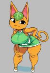 2026 animal_crossing anthro big_breasts big_ears bodily_fluids breasts clothed clothed_anthro clothed_female clothing digital_drawing_(artwork) digital_media_(artwork) domestic_cat dress dumbwitchyy felid feline felis female female_anthro footwear front_view full-length_portrait green_clothing green_dress grey_background hand_on_hip hi_res leaf leaf_on_head mammal mouth_closed nintendo orange_body orange_ears orange_tail pink_inner_ear portrait shoes simple_background solo standing sweat sweatdrop tail tangy_(animal_crossing) thick_thighs white_clothing white_footwear white_sclera white_shoes