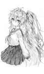  1girl ahoge arms_at_sides breasts closed_mouth commentary cropped_legs crosshatching dot_mouth double-parted_bangs expressionless from_side graphite_(medium) grey_hair greyscale hair_between_eyes hair_ribbon hatching_(texture) hatsune_miku highres inverted_eyelashes light_blush long_hair long_sleeves looking_at_viewer looking_back makucrp miniskirt monochrome neckerchief pleated_skirt puffy_long_sleeves puffy_sleeves ribbon sailor_collar school_uniform shirt sidelocks simple_background skirt small_breasts solo standing traditional_media twintails untranslatable_commentary very_long_hair vocaloid white_background 